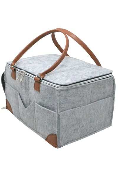 Babysi Covered Gusseted Felt Multi-Purpose Organizer Mother Baby Care Bag Gray Leather Tan