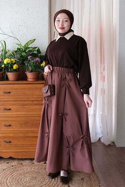 Ceylan Otantik Chocolate 2 Yarn Crop & Bitter Brown Bow Skirt Set