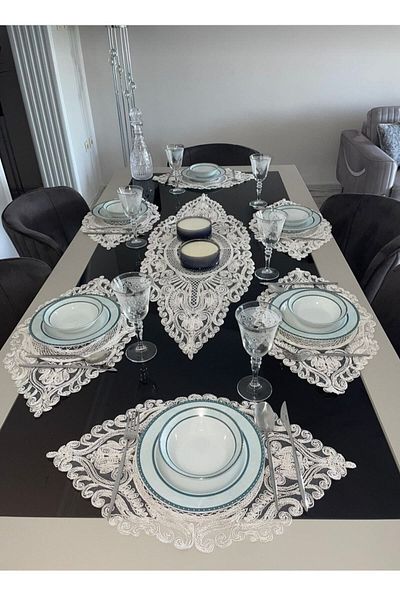 Çt Çeyizci Tekstil American Service, 1 Runner 6 Plates Σετ σερβιρίσματος φαγητού, Σετ τραπεζομάντιλο, Σετ παρουσίασης σερβιρίσματος - Κρέμα