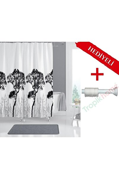 Tropikhome Ağaçlı Banyo Perdesi Askı Hediyeli 180x200cm Tek Kanat Duş Perdesi...