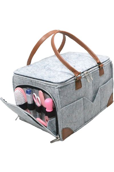 Babysi Covered Gusseted Felt Multi-Purpose Organizer Mother Baby Care Bag Gray Leather Tan