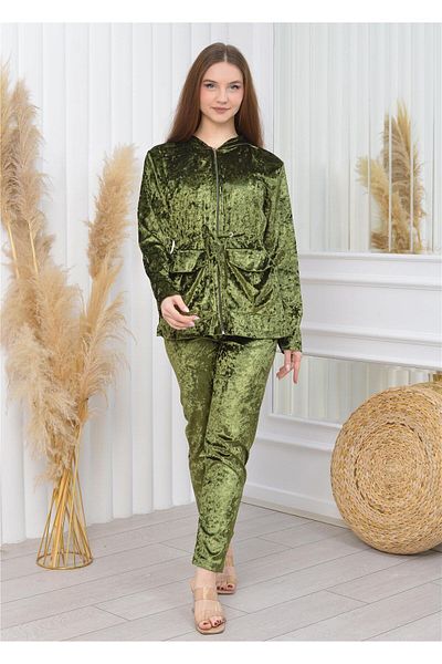 Nuseel New Season Janjan Velvet Pocket Set Khaki Color
