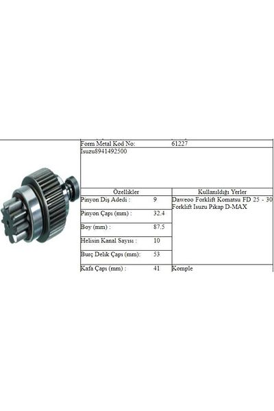 ÖLMEZ OTO YEDEK PARÇA STARTER GEAR 9D.DAEWOO KOMATSU F.LIFT DMAX