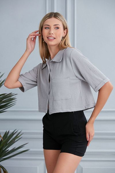 Space Fashion Cămașă cu buzunar cu nasturi, crop, gri pentru femei