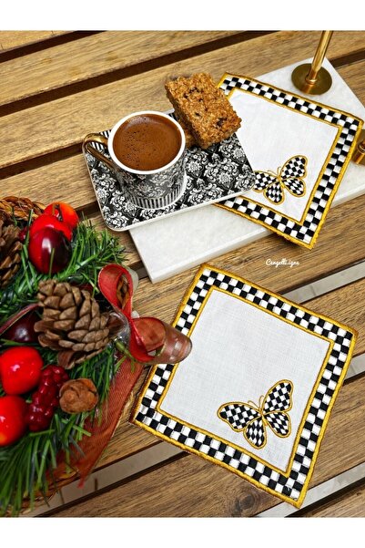 Çengelli İğne مجموعة من 2 منديل كوكتيل منقوش على شكل فراشة ذهبية ملونة