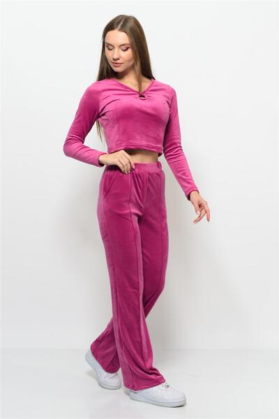 Nuseel Kadın Soft Kadife Pantolon-Bluz Alt Üst İkili Takım NarÇiçeği