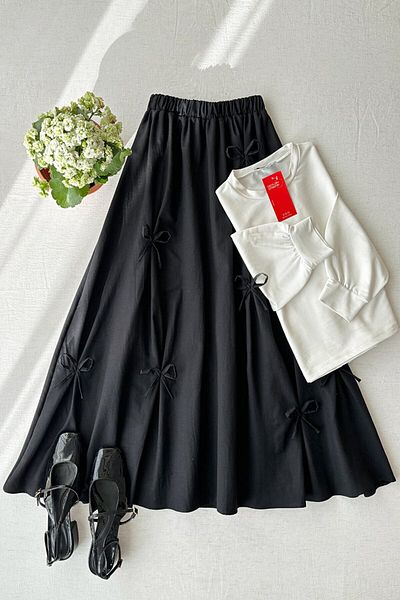 Ceylan Otantik White 2 Yarn Crop & Black Bow Skirt Set