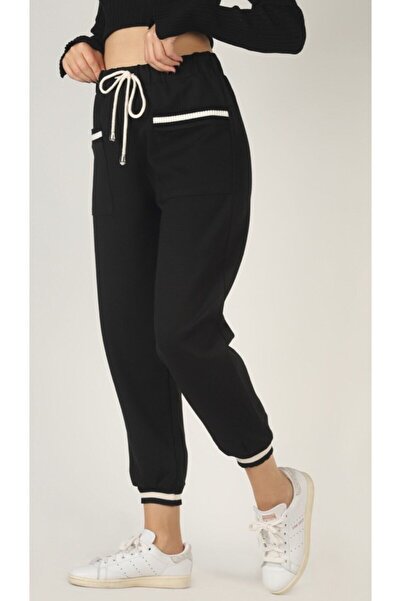 BEBE PLUS Cepleri Ve Paçaları Triko Detaylı Siyah Pantolon