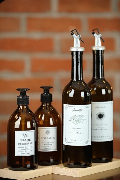 Amentes 6-Piece Wooden Stand 2-Piece Amber 750ml Oil Pot 2-Piece 500ml Amber Soap Dish Kitchen Oil Pot Soap Dish Set