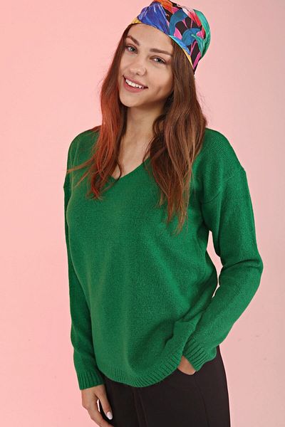 Devinka Pulover de damă, verde, cu decolteu în V, cu textura moale
