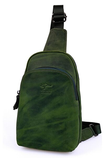 KANGAROO KINGDOM Yeşil Body Bag Sırt Çantası Hakiki Dana Deri Crazy Horse Unisex 8155-zy