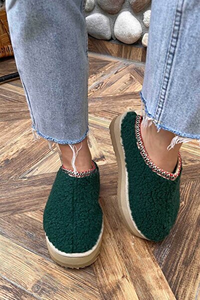 Beyond Γυναικεία Πράσινη Tazz Ultra Mini Teddy βελούδινο κέντημα Λεπτομερείς παντόφλες εσωτερικού χώρου με χοντρή σόλα 4cm Bynduggt02