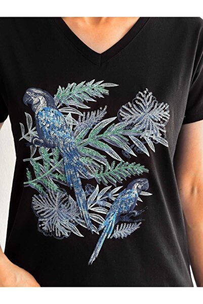 Laderra Μαύρο μπλουζάκι με παγιέτες με λαιμόκοψη V με παγιέτες - Μπλουζάκι με παγιέτες σε στυλ πουλιών