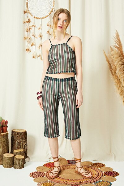 ENNA MODA مجموعة ملابس الشاطئ كابري من قماش الدانتيل باللون الأخضر الكاكي