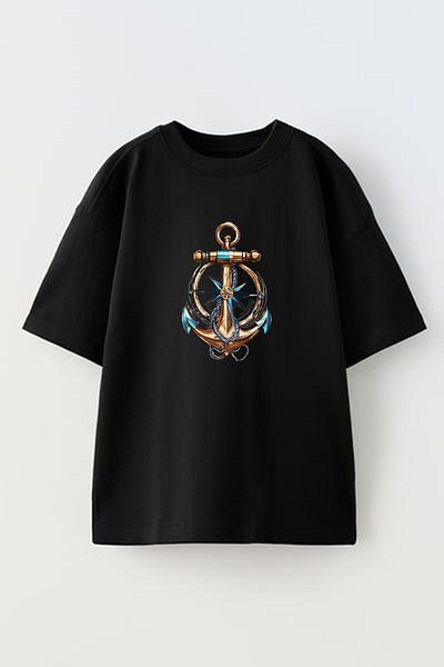 NMG TEKSTİL Κίτρινο Μπλε Άγκυρα με στάμπα Μαύρο Oversize Βαμβακερό T-shirt - Unisex