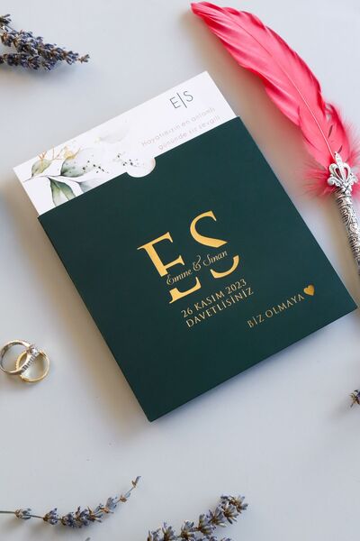 Pixel Davetiye 50-adet- Yeşil  Yaldızlı Davetiye - Düğün - Nişan - Kına - Sünnet - Nikah Davetiyesi - 8792