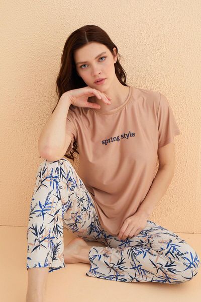 MEBA Beige Colored Spring Style Patterned Women's Knitted Pajamas Set - Short Sleeve /6