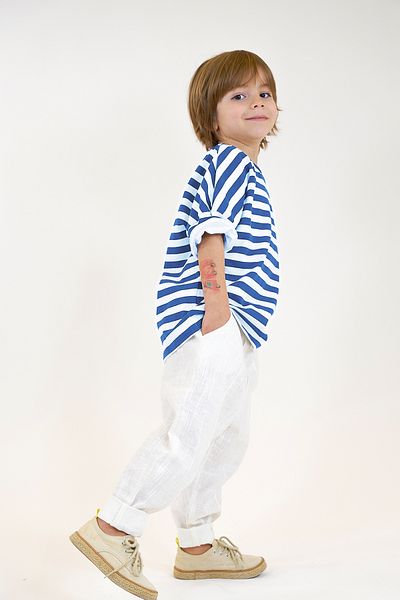 Catz Kids Vera Linen - White and Navy Blue Striped Carrot Pants + Combed Cotton T-Shirt