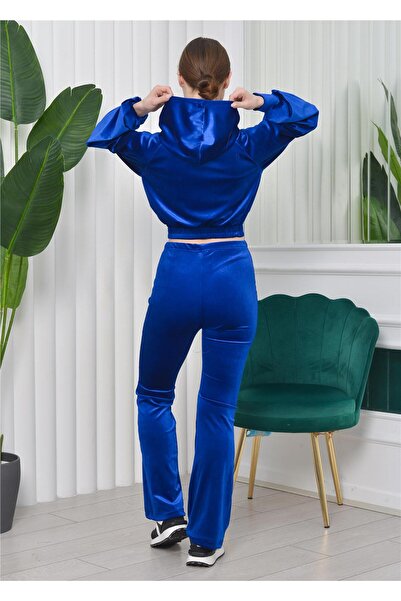 Nuseel Cardigan cu glugă Crop Set din 3 piese din catifea cu pantaloni evazați, culoare Saks