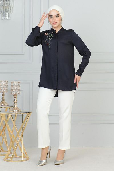Modamihram Navy Blue Embroidery Detailed Tunic 6102