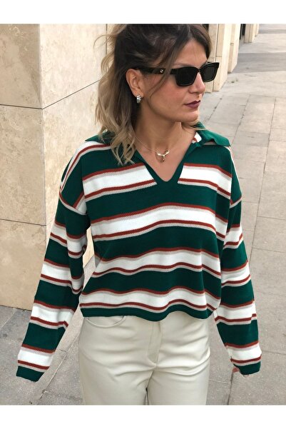 EZNOW Yeşil Çizgili Polo Yaka Kazak