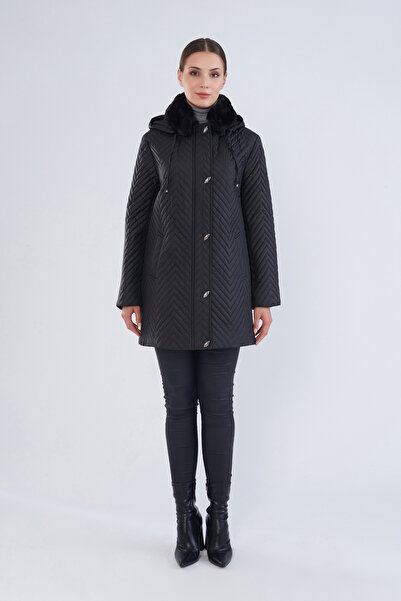 Trenç Yakası Peluş Kürklü Kapitone Kaban 1213