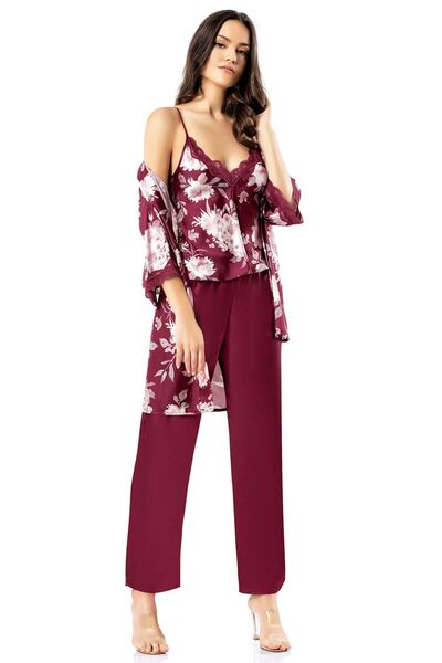 Loriva Desenli Bordo Üçlü Saten Gecelik Pijama Takımı