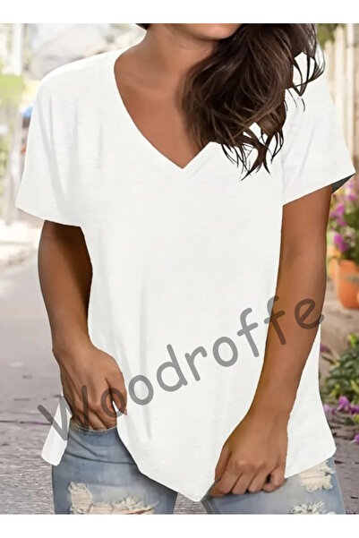 WOODROFFE Λευκό γυναικείο μπλουζάκι με στάμπα με λαιμόκοψη σε φαρδύ μέγεθος