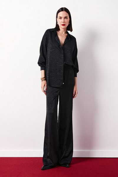 Sateen Casual Zebra Patterned Black Trousers