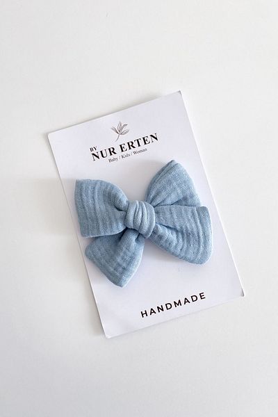 By Nur Erten Baby Blue Muslin Fabric Girl's Buckle with Bow Clip