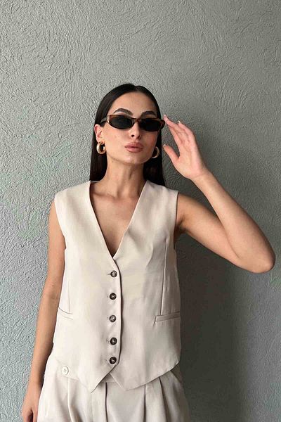 Seda Yalçın Atelier Beige Crepe Vest and Bermuda Shorts Set
