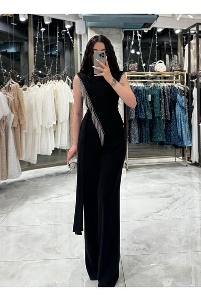 missswans Black Tereza Jumpsuit - Side Tie and Chain Stone Detail