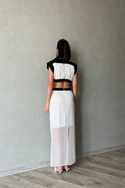 Seda Yalçın Atelier Beyaz Puantiyeli Vatkalı Pencere Detaylı Elbise