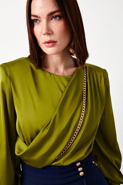 Sateen Satin Blouse with Chain on the Front - OLIVE