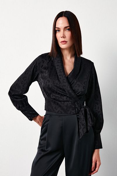 Sateen Bluză din satin - cu centură laterală, NEGRU