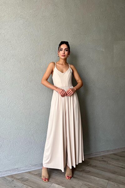 Seda Yalçın Atelier Beige Modal Overalls - Thin Strap Detail and Wide Leg