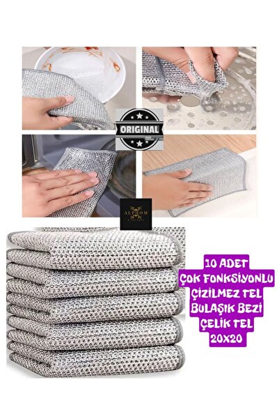Alphom 10 Adet 20x20 Inox Tel Bez Bulaşık  Zor Kir Bezi Mutfak Banyo Çift Kat...