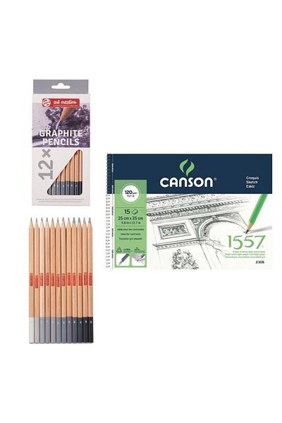 Talens Sketch Starter Set - Canson 25x35 Notebook and 12-Piece Graphite Graduated Pen Set