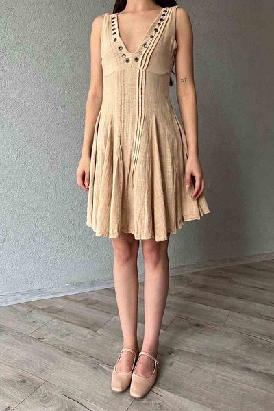 Seda Yalçın Atelier Linen Flared Dress - Beige Collar Detail