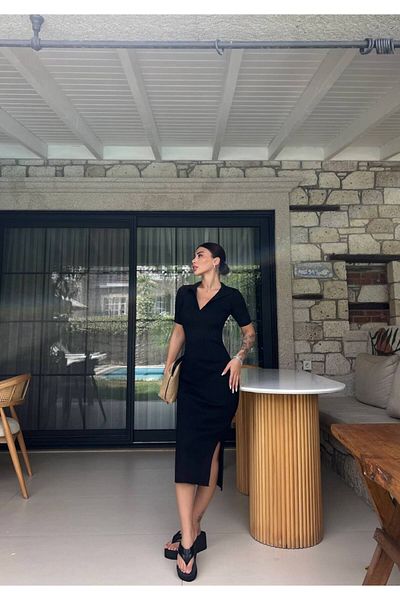 LB Laluna Butik Tesatura de tricotaj pentru rochie cu fante midi, cu gât polo, pentru femei