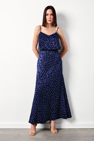 Sateen Fusta lungă bleumarin - model cu buline