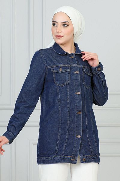 Modamihram Dunkelblaue Jeansjacke mit Knöpfen - 6105