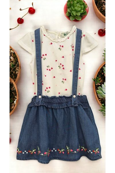 CİCHLİD Girl - Strawberry Printed Bicycle Collar Strap and Combed Denim Skirt Set