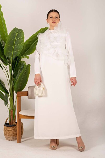 Melike Tatar Ecru Frilly Collar Crepe Dress 32-6064