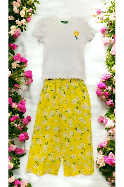 CİCHLİD Girl's Floral Print Crew Neck Short Sleeve T-Shirt and Pocket Pants Set
