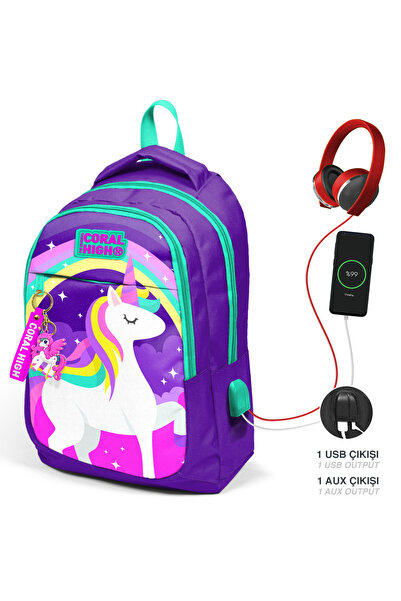 Coral High Kids Mor Unicorn Desenli Üç Bölmeli Usb'li Çıkışlı Okul Sırt Çanta...