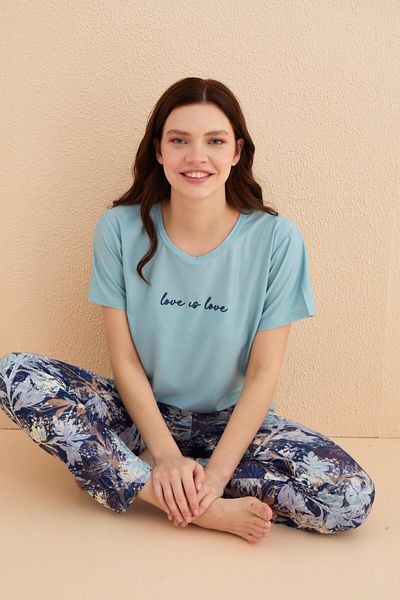 MEBA Mint Love Patterned Women's Knitted Pajama Set - Short Sleeve /10