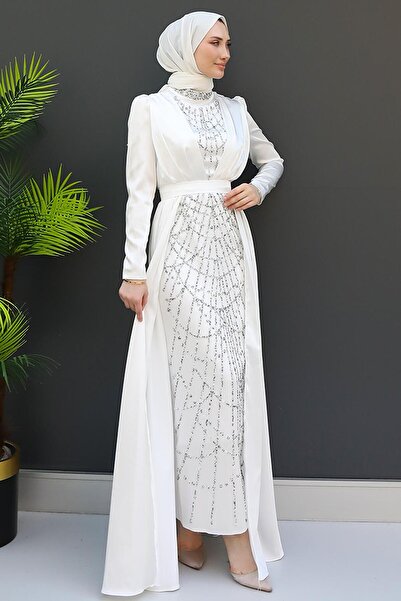 GİZ AGİYİM White Embroidered Cloak Evening Dress