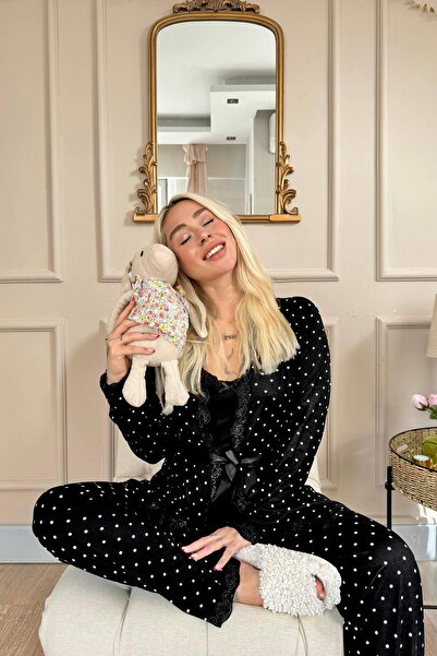 Pijamaevi Siyah Mini Puan Desenli Bambu Sabahlıklı Kadın Pijama Takımı
