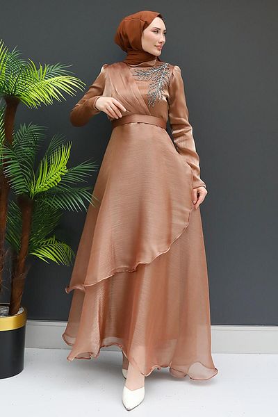GİZ AGİYİM Βραδινό φόρεμα Organza με λεπτομέρεια από πέτρα σε καραμέλα